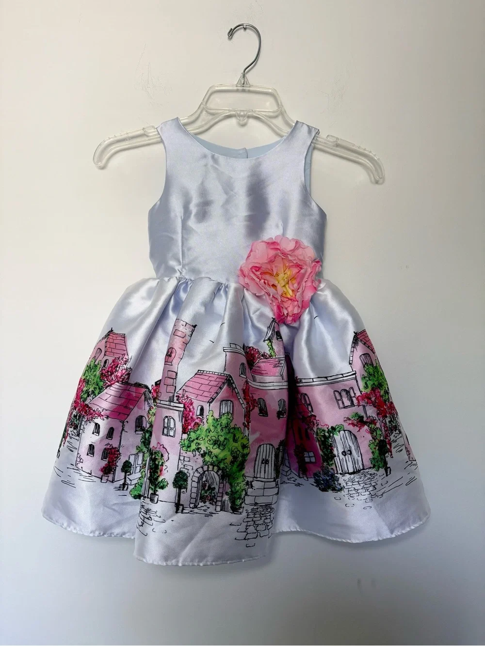 PIPPA & JULIE Girls Blue Satin Printed Party Dress Flower Accent